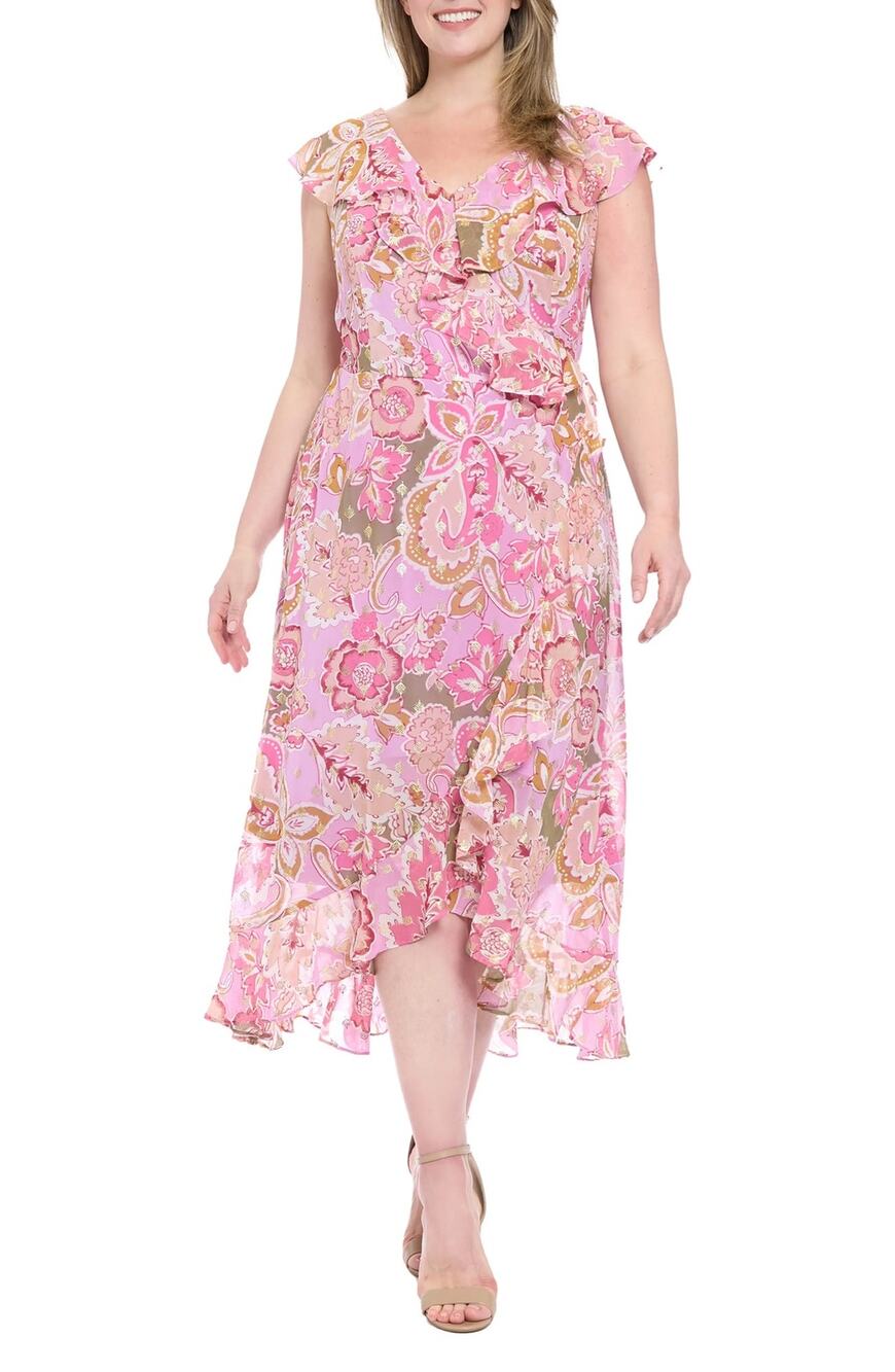 Maggy London Dress SZ 14 NWT Floral Ruffle Maxi Lavender Pink Metallic Faux Wrap
